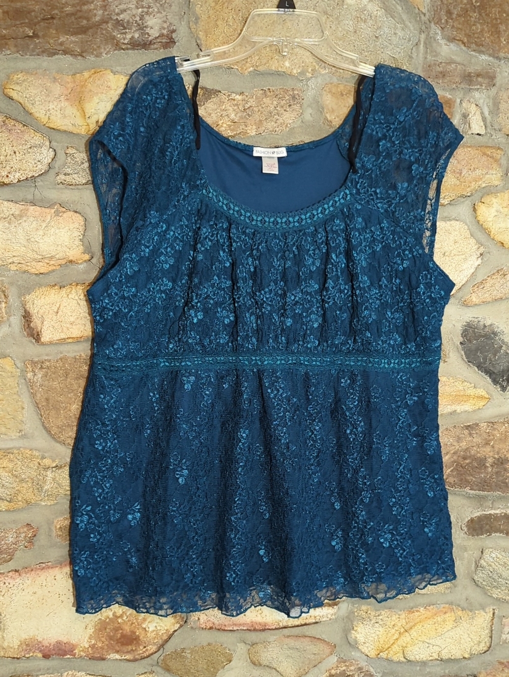 Fashion Bug Teal Lace Scoop-Neck Cap Sleeve Blouse